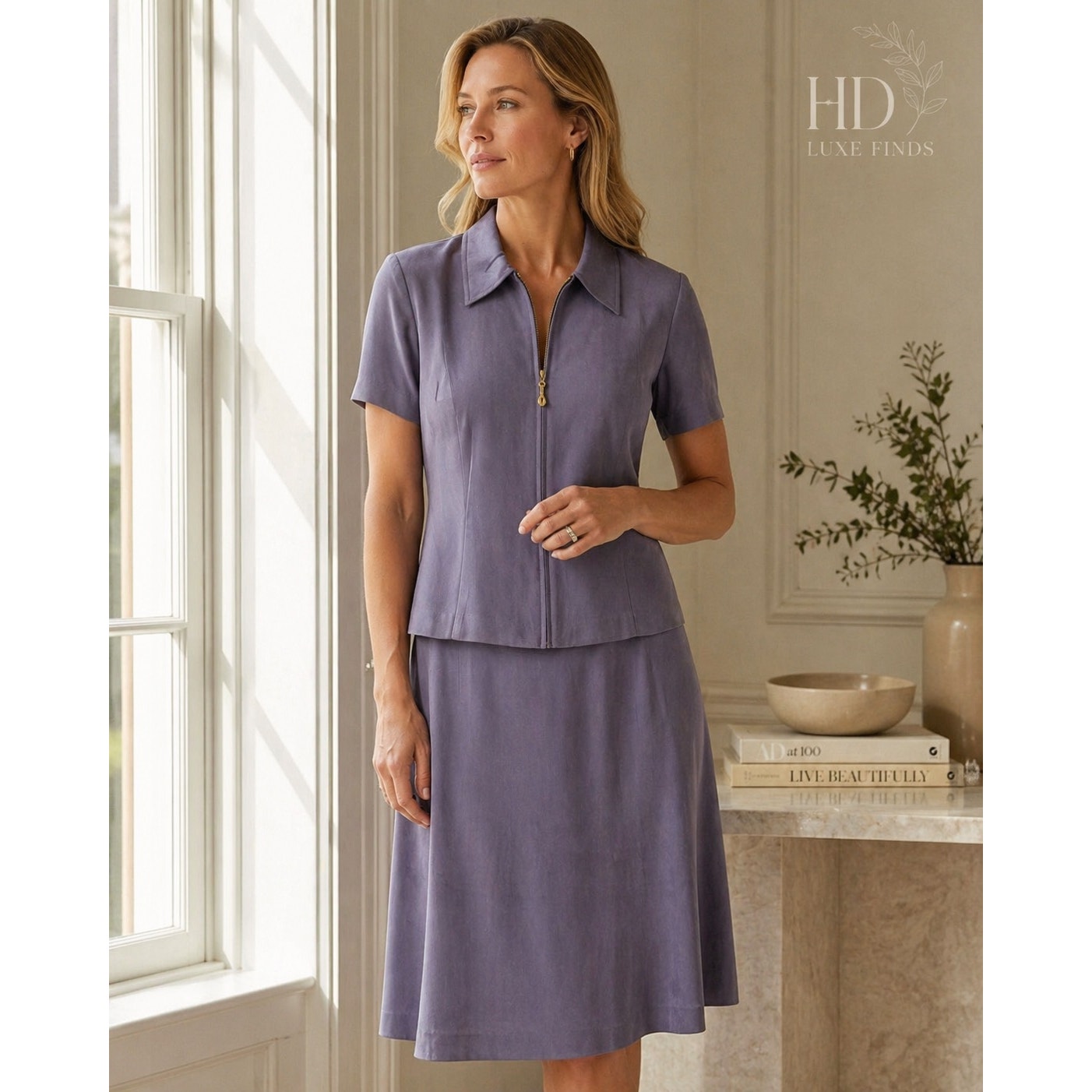 Ddonna Morgan 2 Pc Suit Set Silk Jacket & Dress Purple Sz 10 Vintage Minimalist
